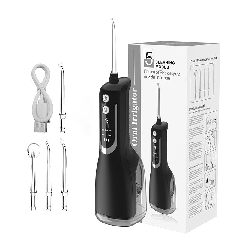 Upgrated Intelligent Oral Irrigator Water Dental Flosser with multiple nozzles and USB charging cable, designed for effective oral hygiene.