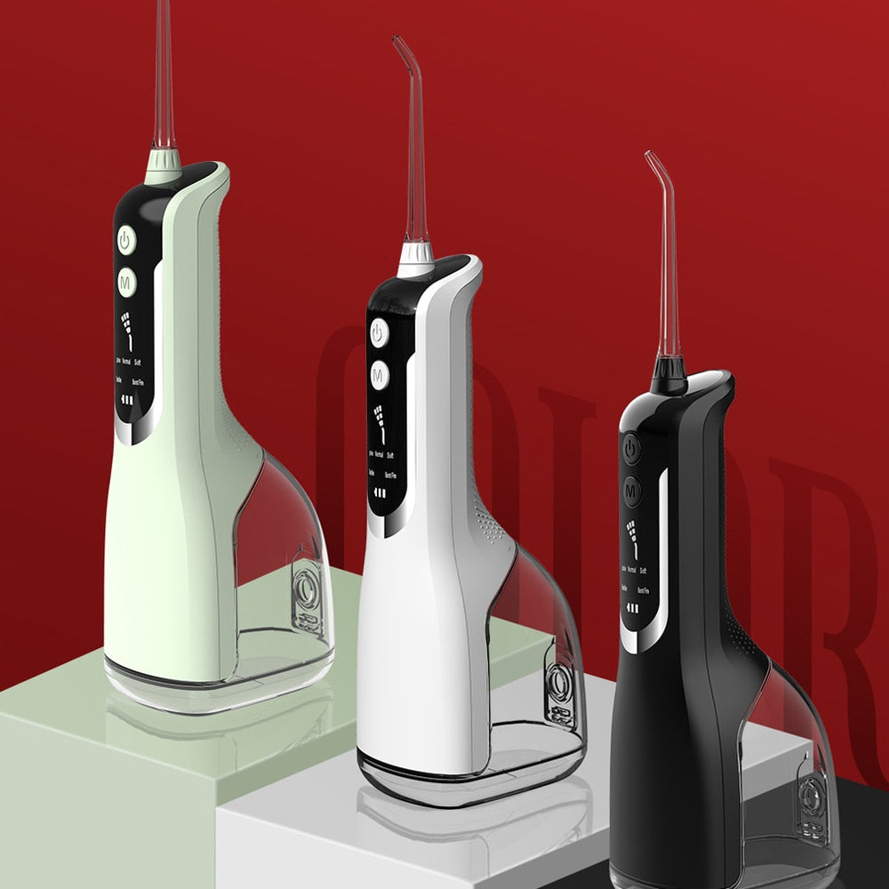 Upgrated Intelligent Oral Irrigator Water Dental Flosser with multiple nozzles and USB charging cable, designed for effective oral hygiene.