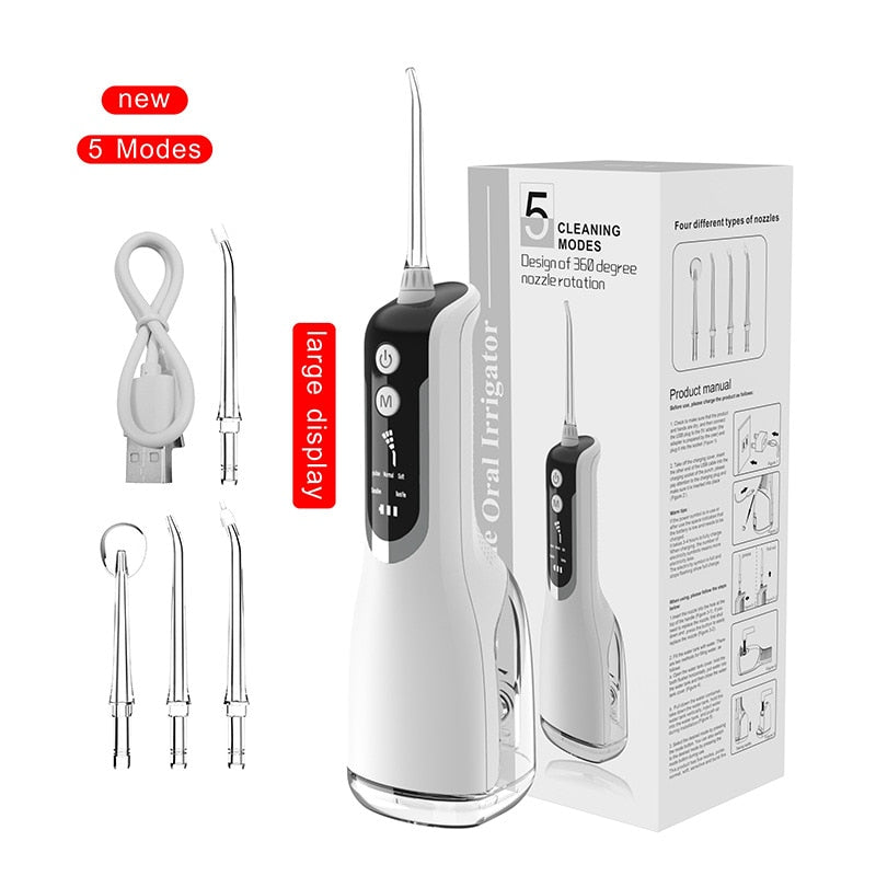 Upgrated Intelligent Oral Irrigator Water Dental Flosser with multiple nozzles and USB charging cable, designed for effective oral hygiene.