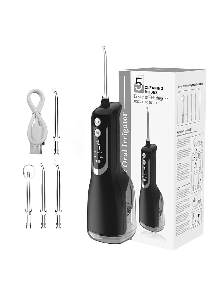 Upgrated Intelligent Oral Irrigator Water Dental Flosser with multiple nozzles and USB charging cable, designed for effective oral hygiene.