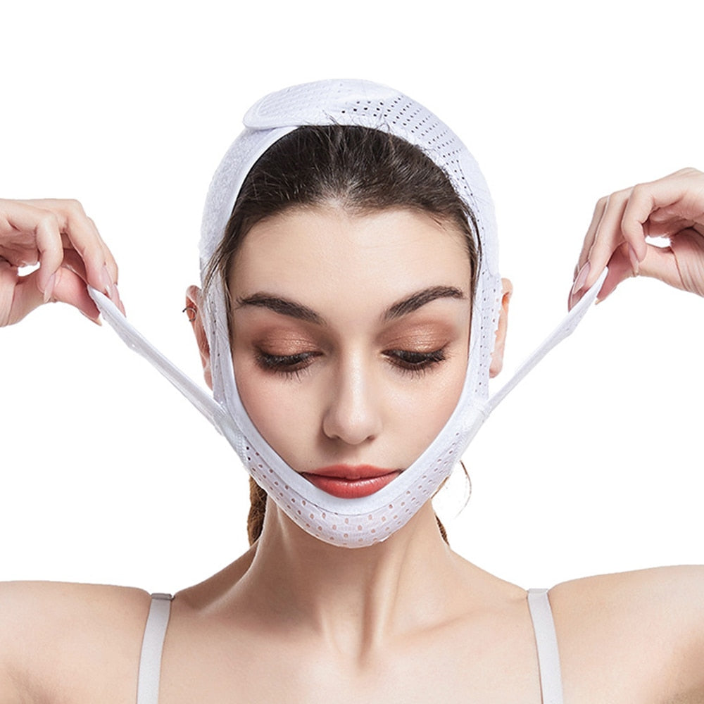 V Face Shaper Facial Slimming Bandage in pink and white, designed for facial contouring and lifting.