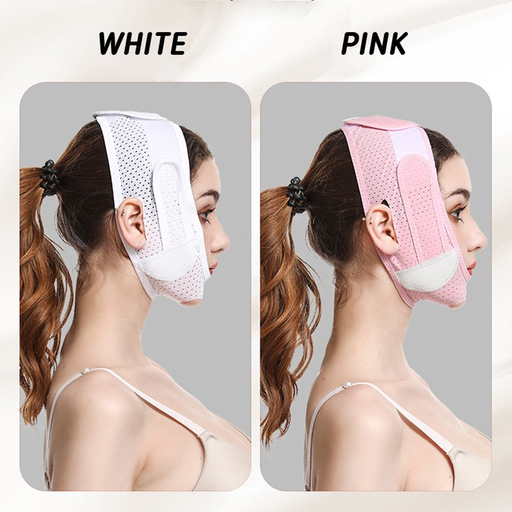 V Face Shaper Facial Slimming Bandage in pink and white, designed for facial contouring and lifting.