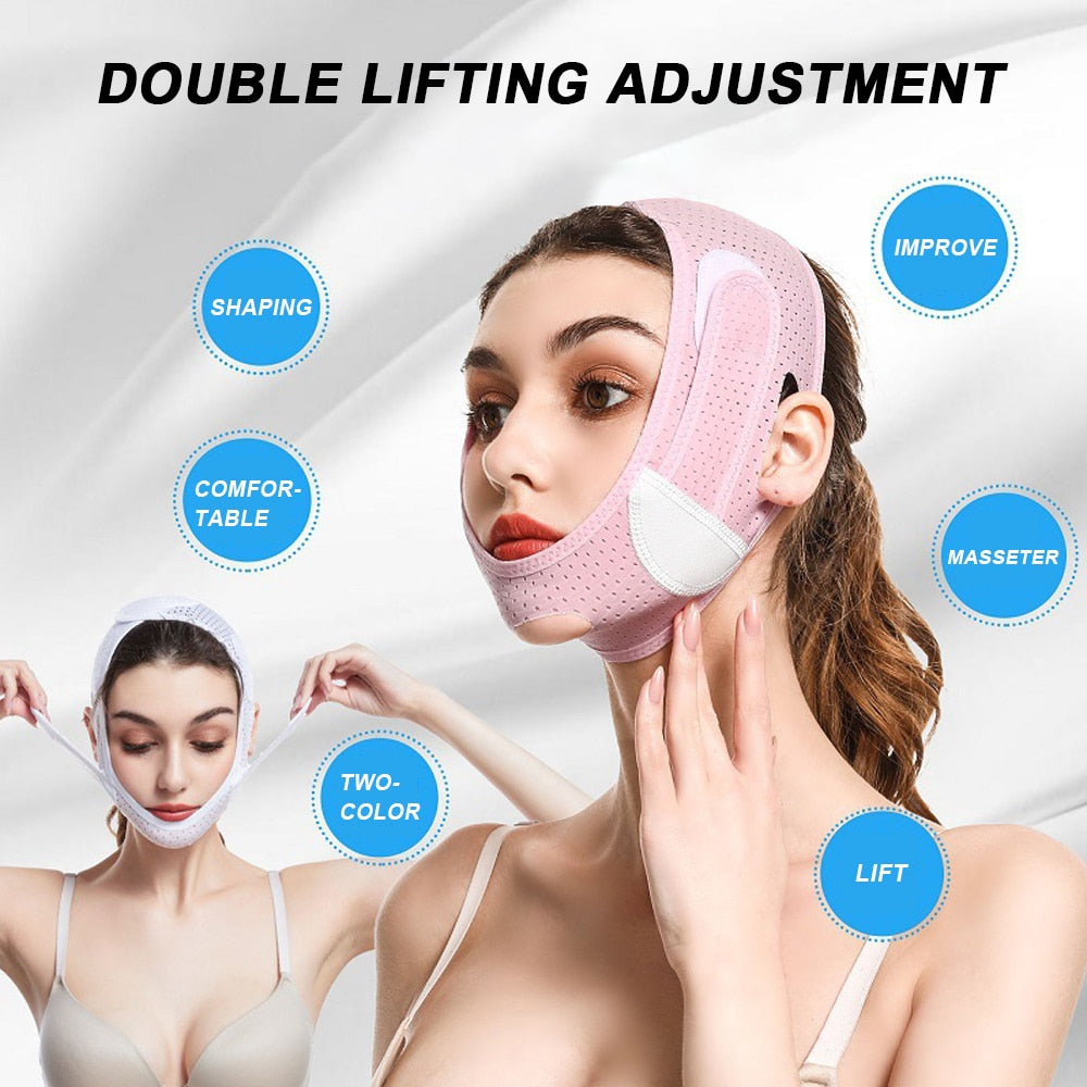 V Face Shaper Facial Slimming Bandage in pink and white, designed for facial contouring and lifting.