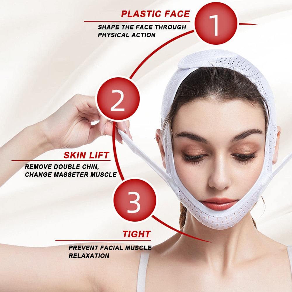 V Face Shaper Facial Slimming Bandage in pink and white, designed for facial contouring and lifting.