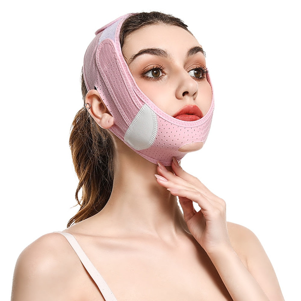 V Face Shaper Facial Slimming Bandage in pink and white, designed for facial contouring and lifting.