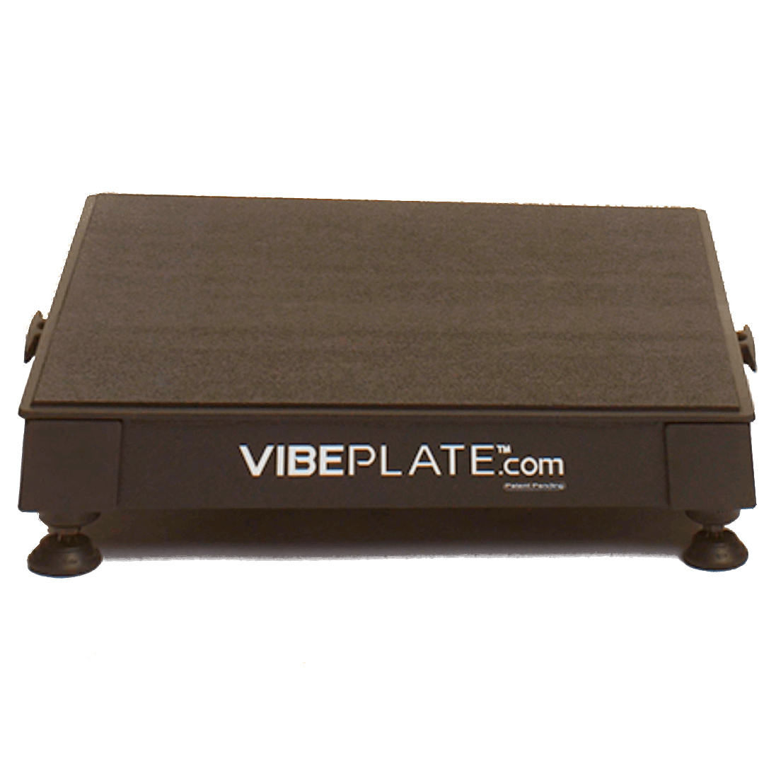 VibePlate Mini Vibration Plate in sleek aluminum design, showcasing its compact size and portability for home fitness.