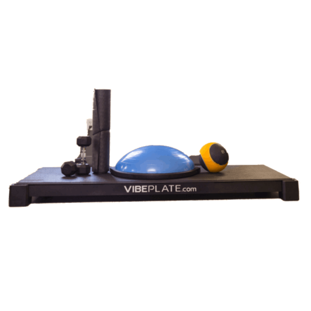 VibePlate XL vibration platform showcasing its large 30" x 72" aluminum surface, designed for fitness and rehabilitation exercises.