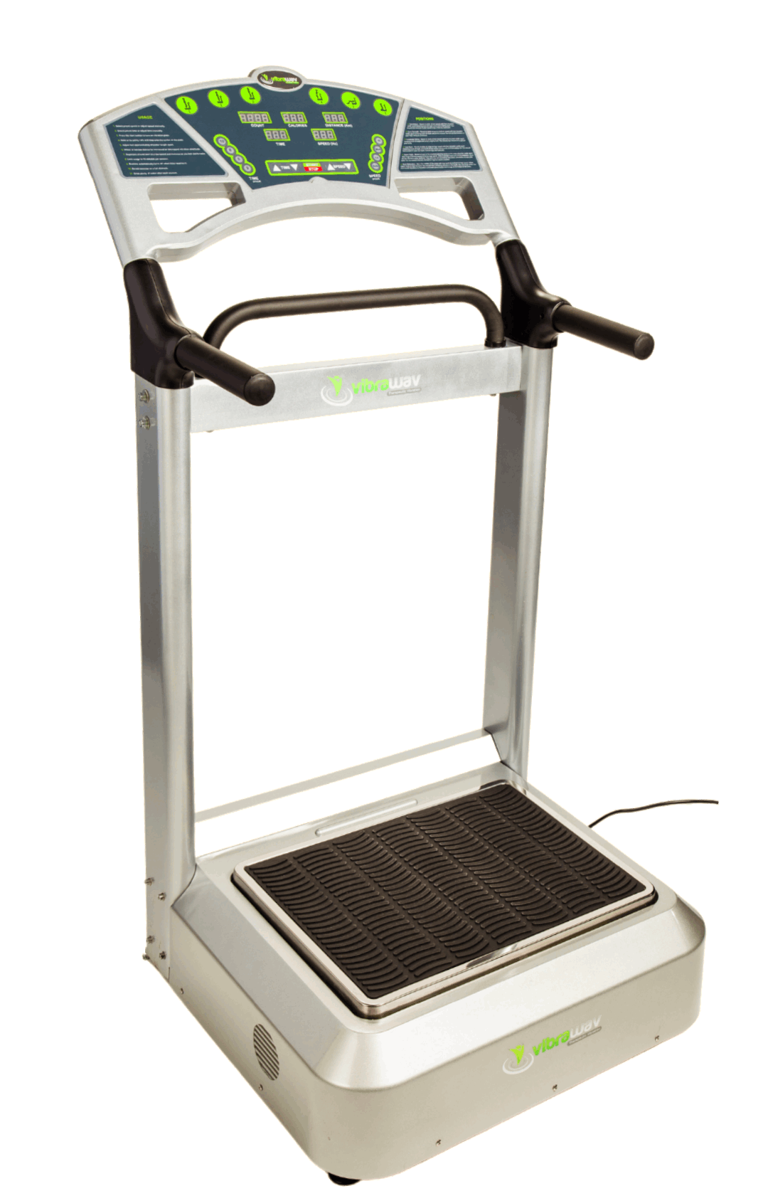 VibraWav Pro XT Vibration Platform in sleek black and silver, showcasing its large console and robust design for effective whole body workouts.