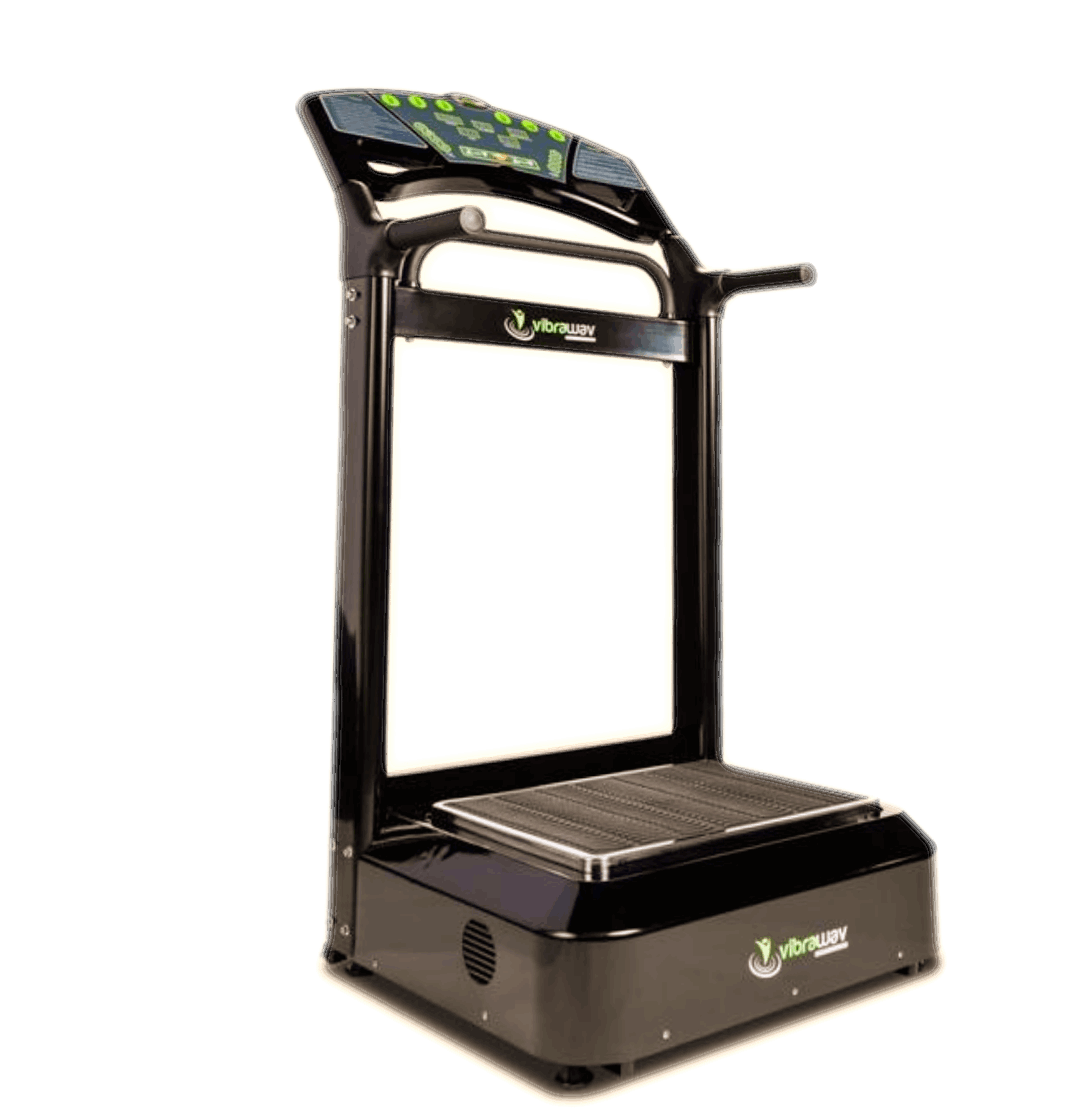 VibraWav Pro XT Vibration Platform in sleek black and silver, showcasing its large console and robust design for effective whole body workouts.