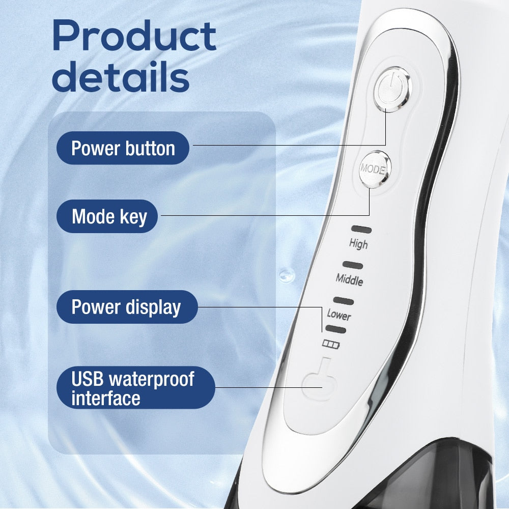 Rechargeable water flosser with a 300ml water tank, featuring multiple nozzles and a sleek white design for effective dental care.