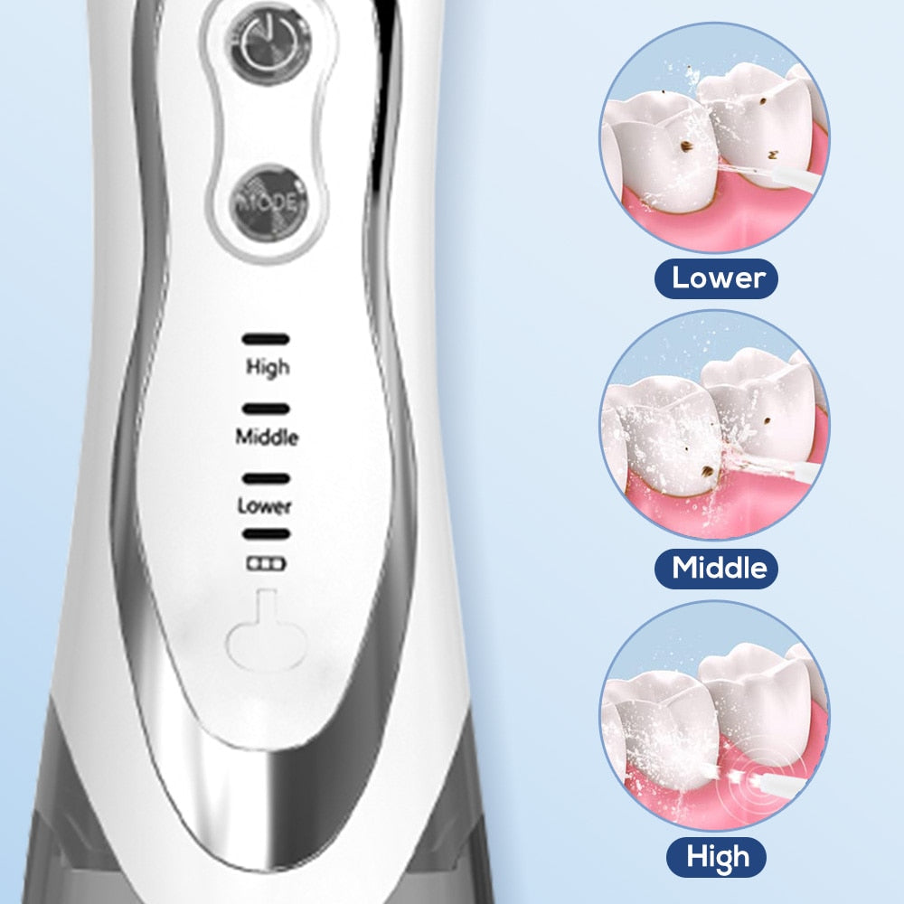 Rechargeable water flosser with a 300ml water tank, featuring multiple nozzles and a sleek white design for effective dental care.