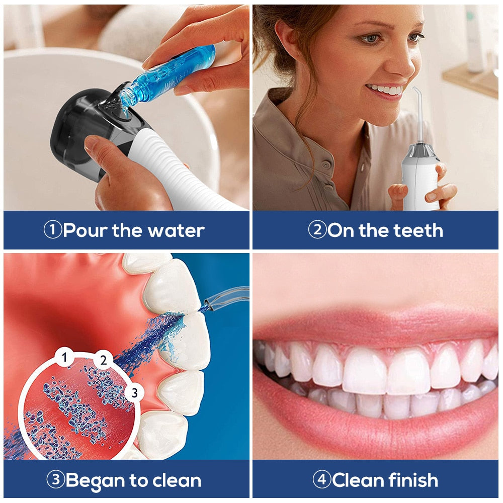 Rechargeable water flosser with a 300ml water tank, featuring multiple nozzles and a sleek white design for effective dental care.