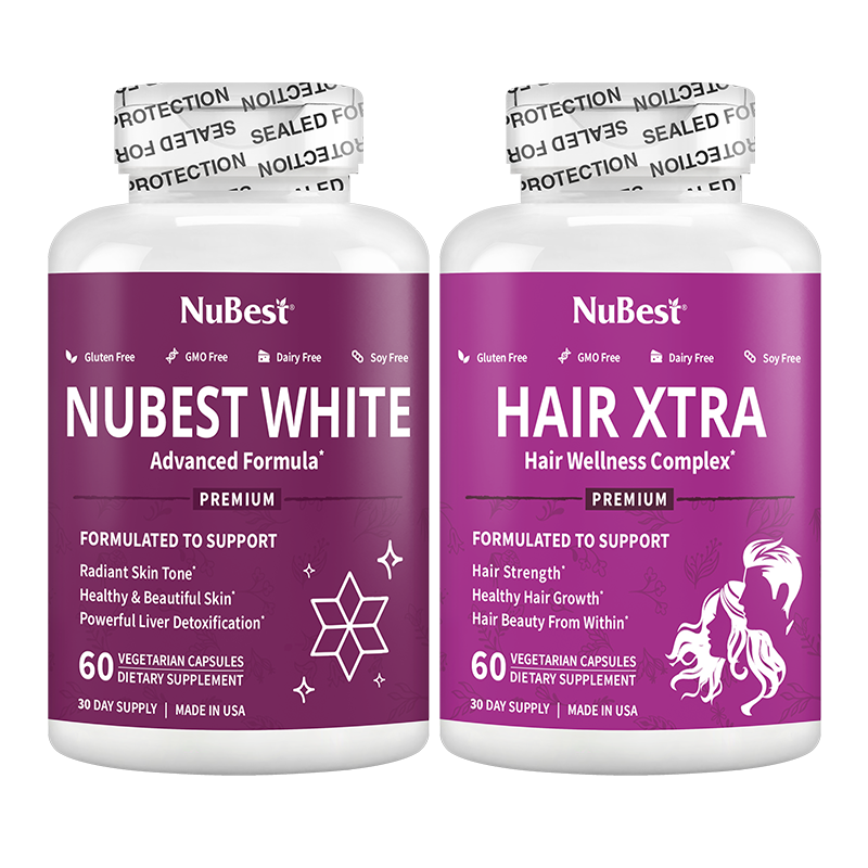 White & Hair Duo product packaging featuring capsules for skin and hair health.