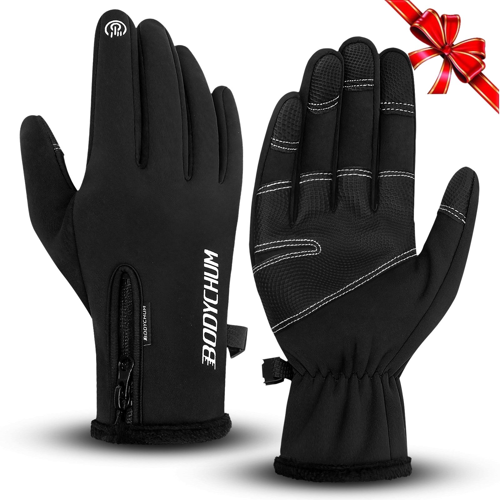 A pair of black winter warm gloves designed for touchscreen use, featuring anti-slip grip and soft cashmere lining for warmth.