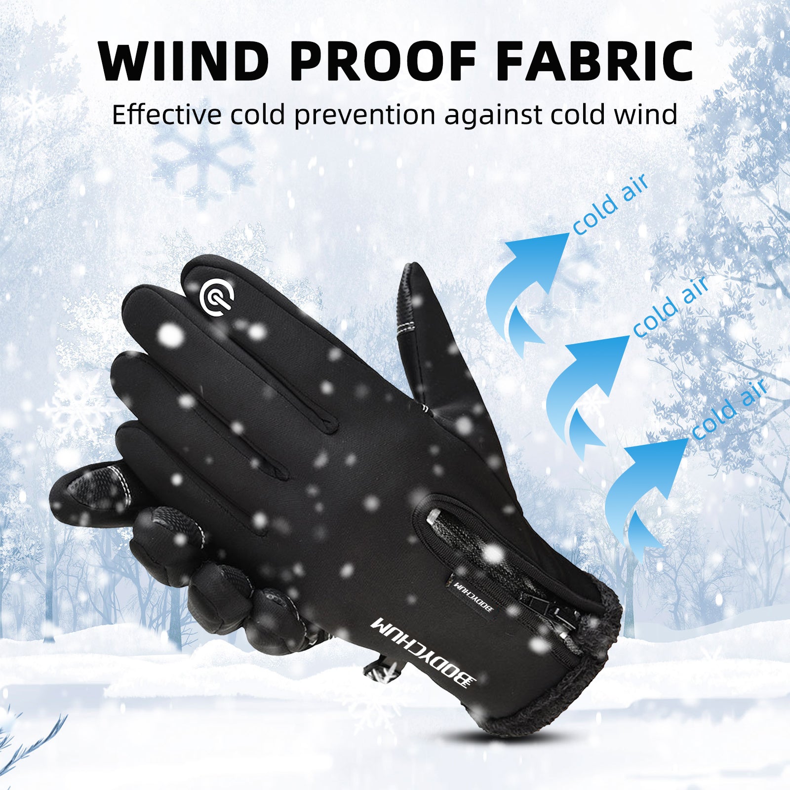 A pair of black winter warm gloves designed for touchscreen use, featuring anti-slip grip and soft cashmere lining for warmth.