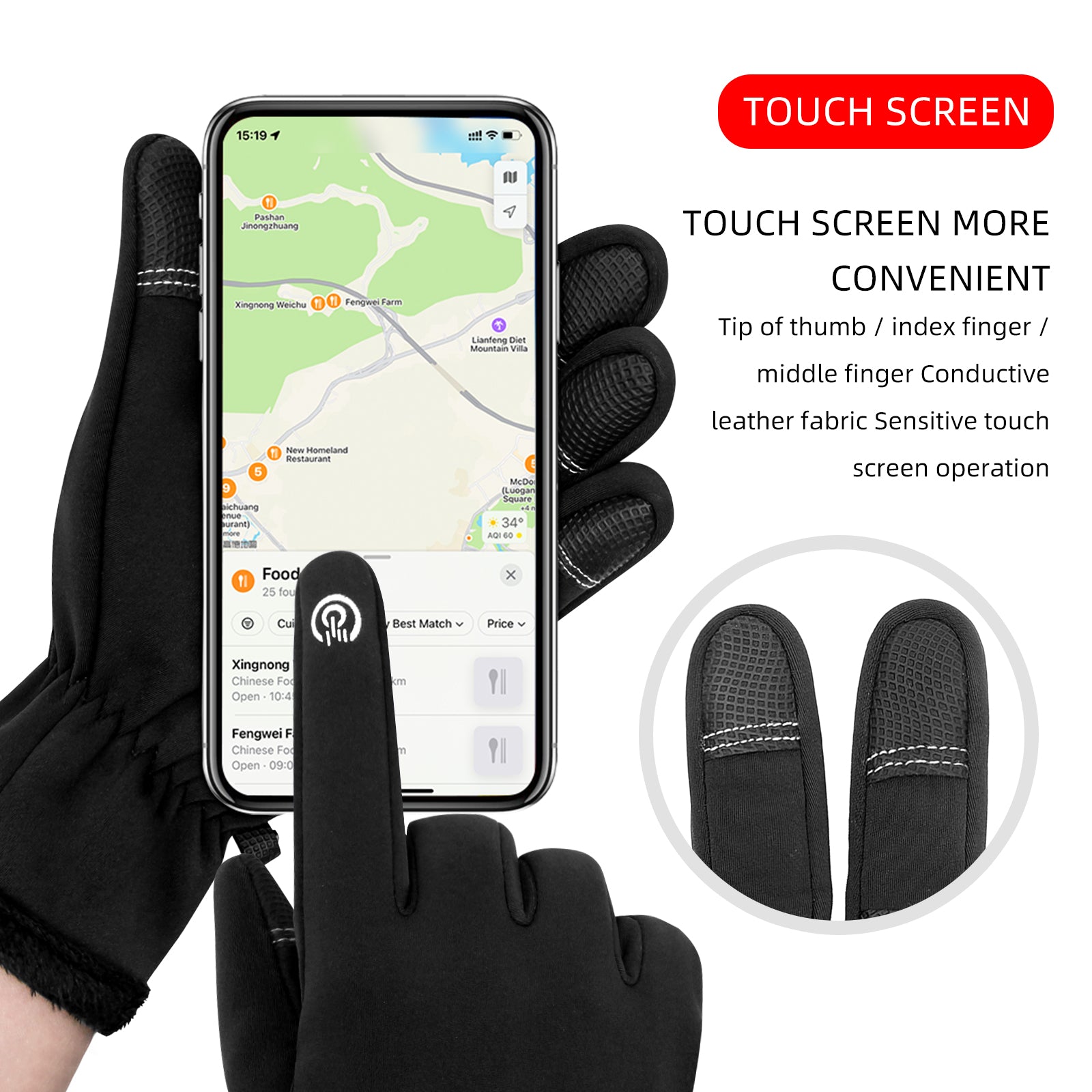 A pair of black winter warm gloves designed for touchscreen use, featuring anti-slip grip and soft cashmere lining for warmth.