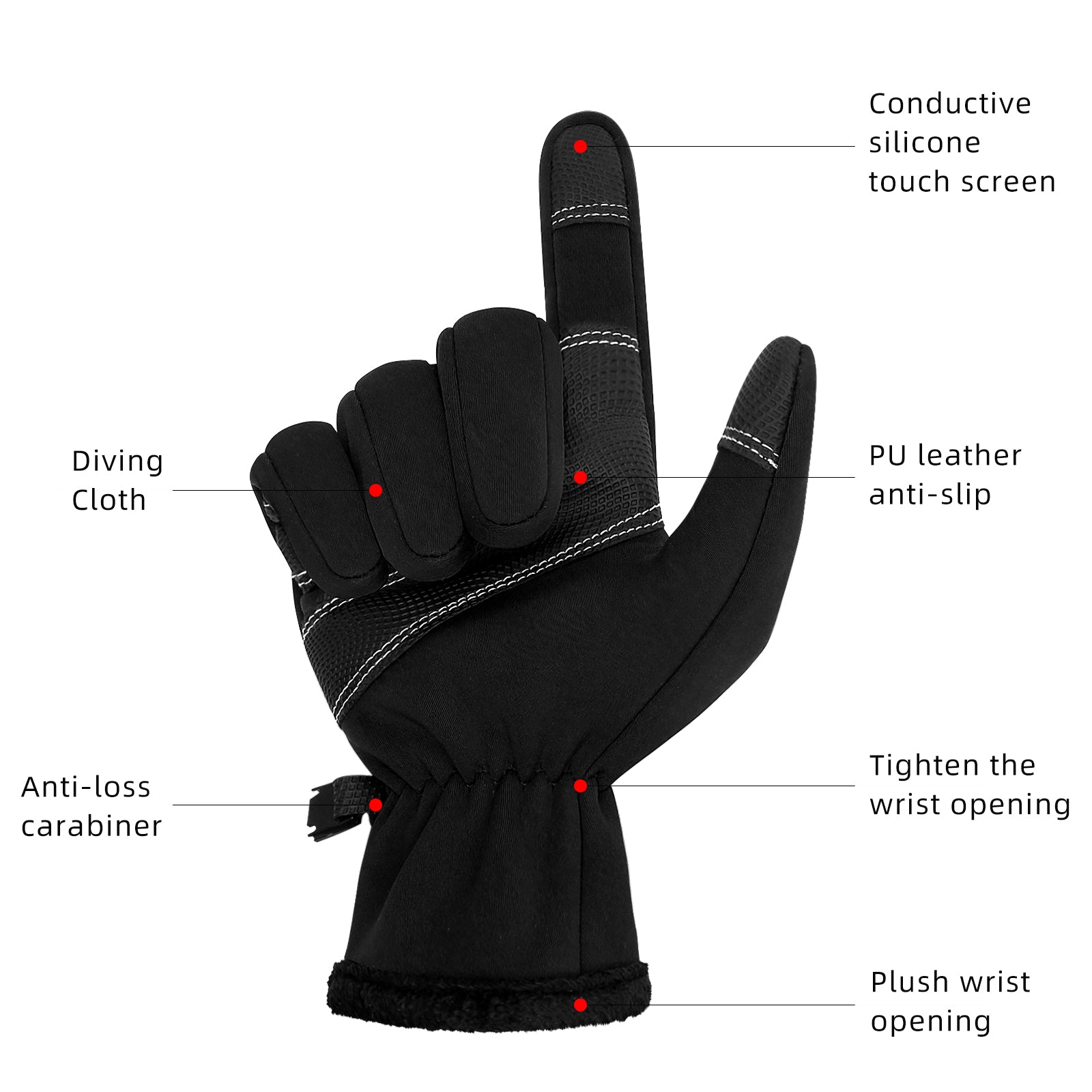 A pair of black winter warm gloves designed for touchscreen use, featuring anti-slip grip and soft cashmere lining for warmth.