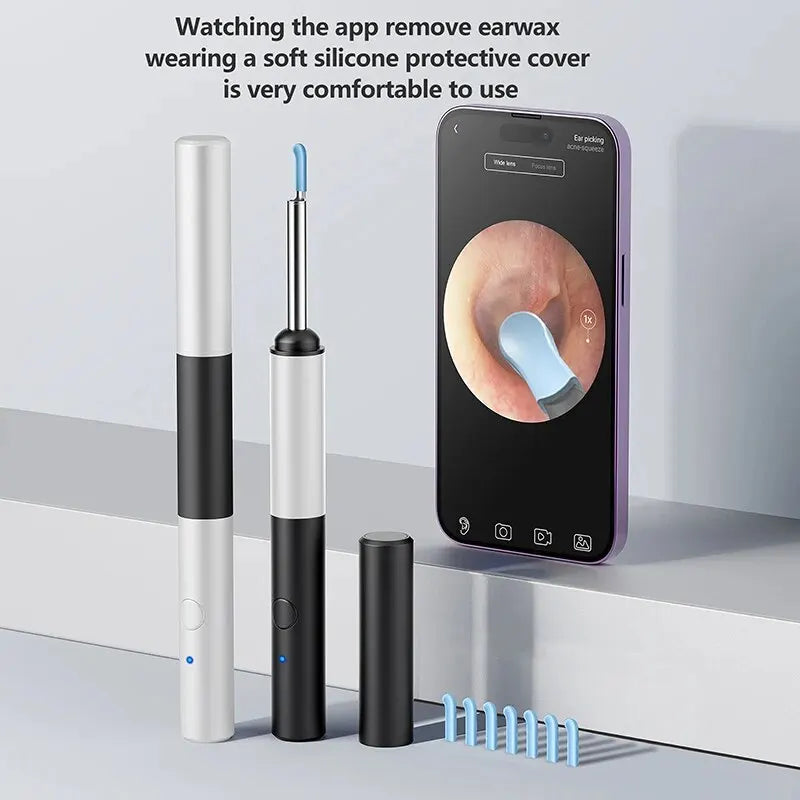 Wireless Otoscope 3.5mm Ultra-Thin WiFi Ear Scope Camera with earwax removal tool and LED lights, designed for safe ear cleaning.