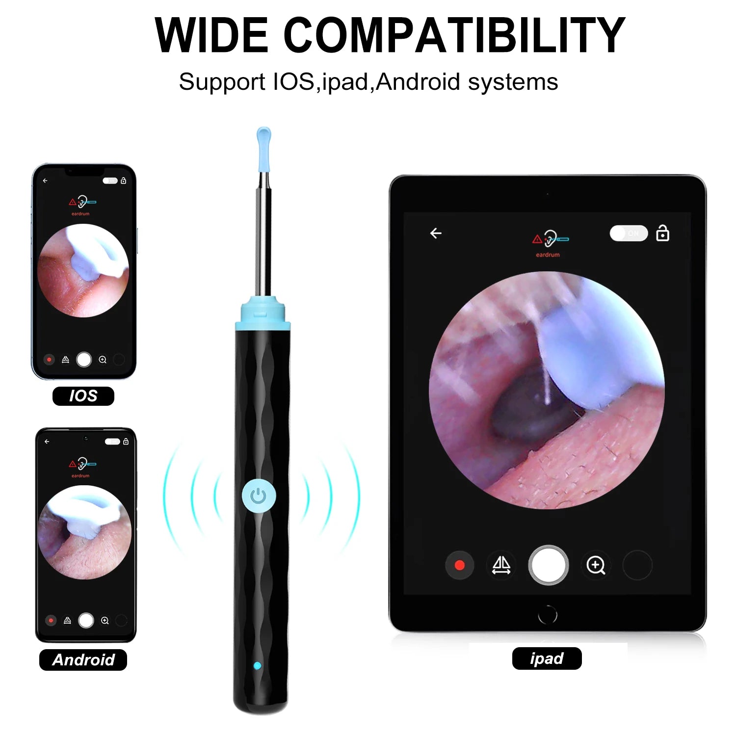 Wireless Smart Visual Ear Cleaner Otoscope with LED lights and silicone ear scoops, designed for safe ear cleaning.