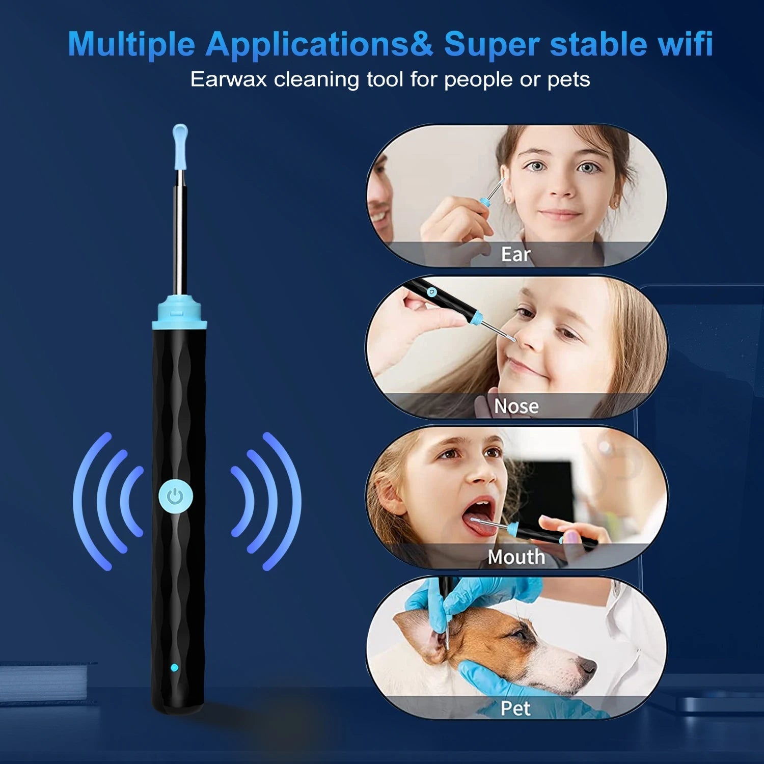 Wireless Smart Visual Ear Cleaner Otoscope with LED lights and silicone ear scoops, designed for safe ear cleaning.