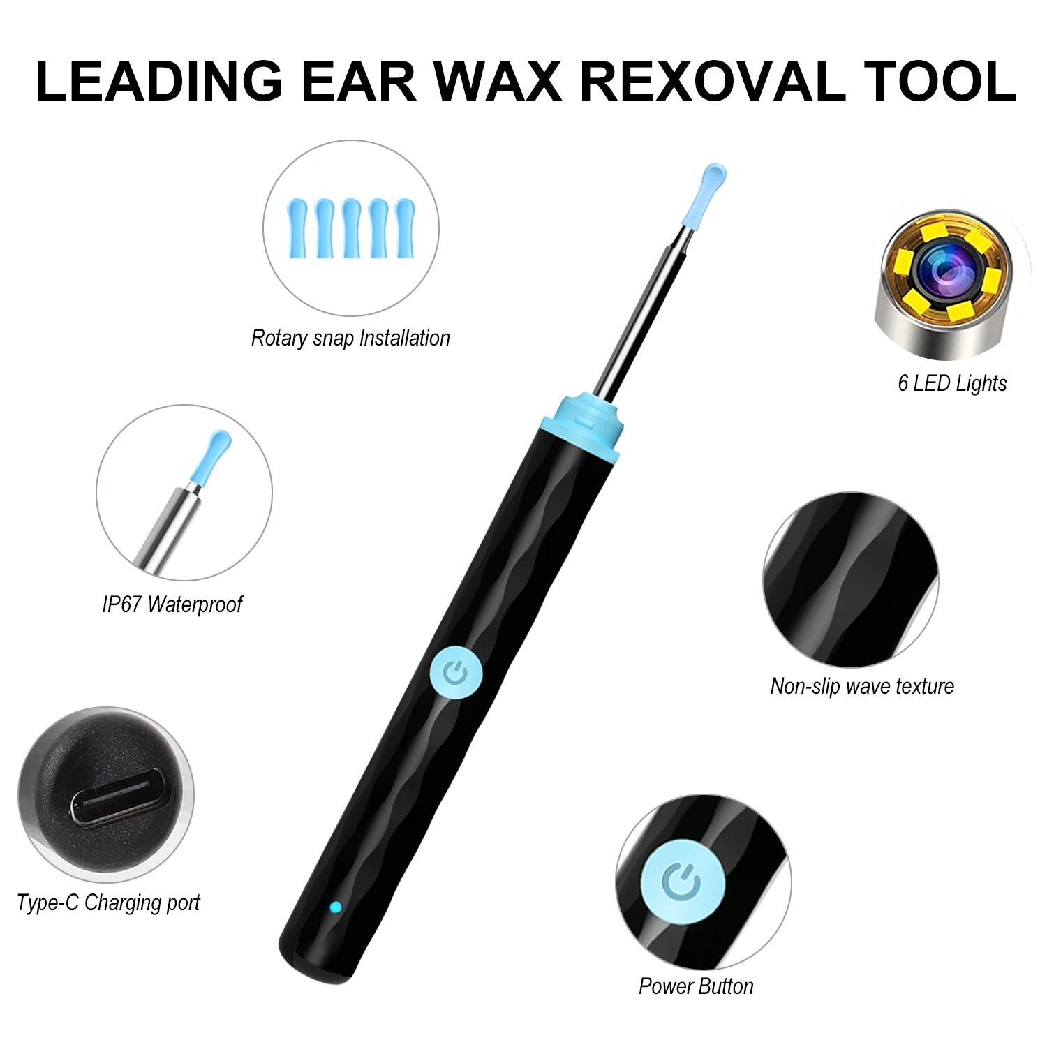 Wireless Smart Visual Ear Cleaner Otoscope with LED lights and silicone ear scoops, designed for safe ear cleaning.