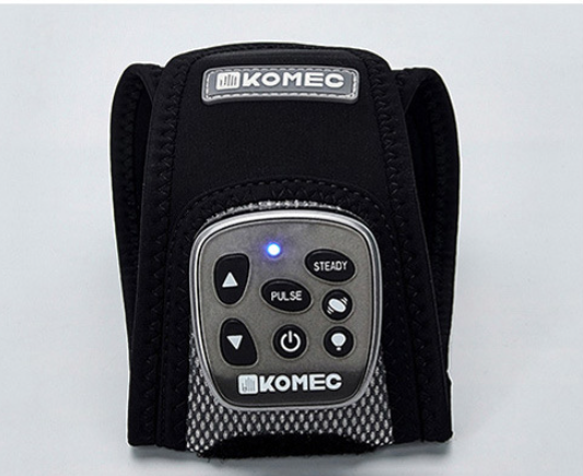 Wireless Vibration Physical Therapy Heating Wrist Massager in black and gray, showcasing its ergonomic design and user-friendly operation panel.