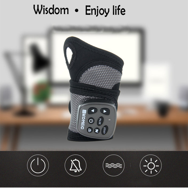 Wireless Vibration Physical Therapy Heating Wrist Massager in black and gray, showcasing its ergonomic design and user-friendly operation panel.