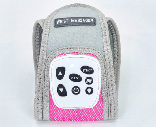 Wireless Vibration Physical Therapy Heating Wrist Massager in black and gray, showcasing its ergonomic design and user-friendly operation panel.