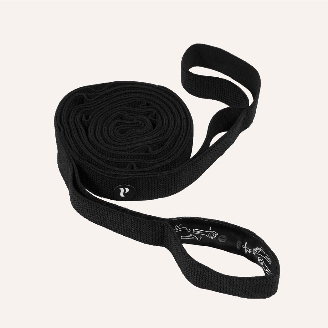 A long, woven elastic workout band with handles, designed for resistance training and posture improvement, displayed on a clean background.