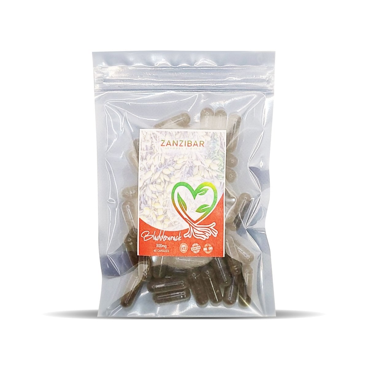 Zanzibar Bladderwrack Pack containing 60 vegetable capsules, showcasing the natural seaweed supplement for health benefits.