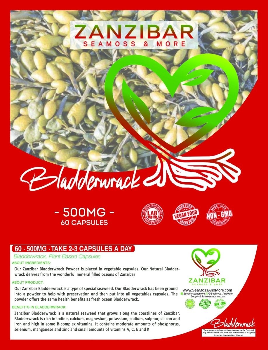 Zanzibar Bladderwrack Pack containing 60 vegetable capsules, showcasing the natural seaweed supplement for health benefits.