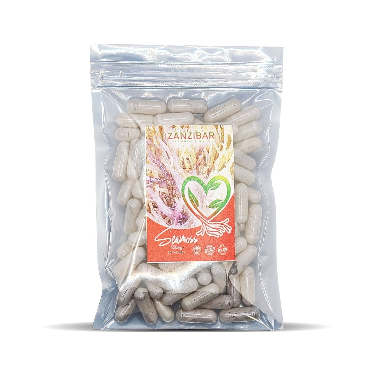 Zanzibar Seamoss Pack containing 90 vegan capsules, showcasing the product's natural and premium quality.