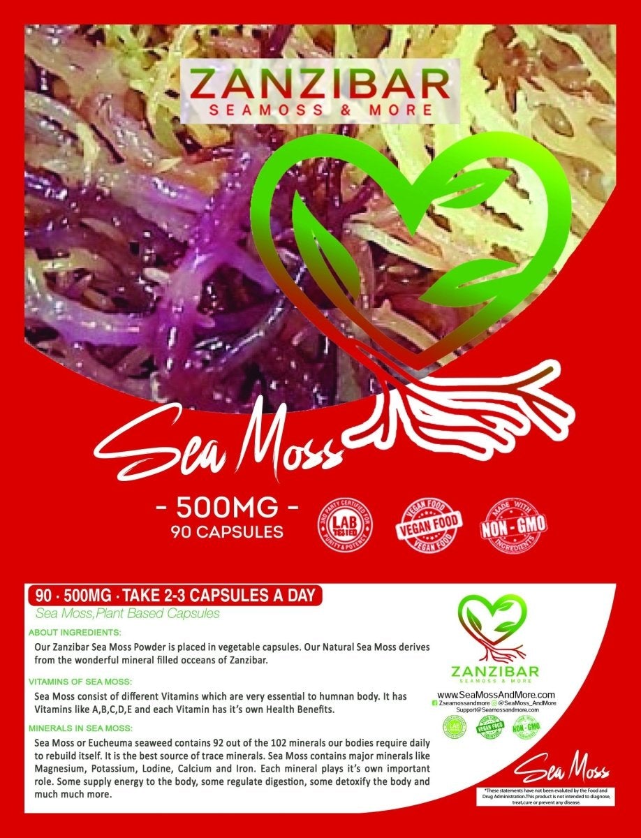 Zanzibar Seamoss Pack containing 90 vegan capsules, showcasing the product's natural and premium quality.