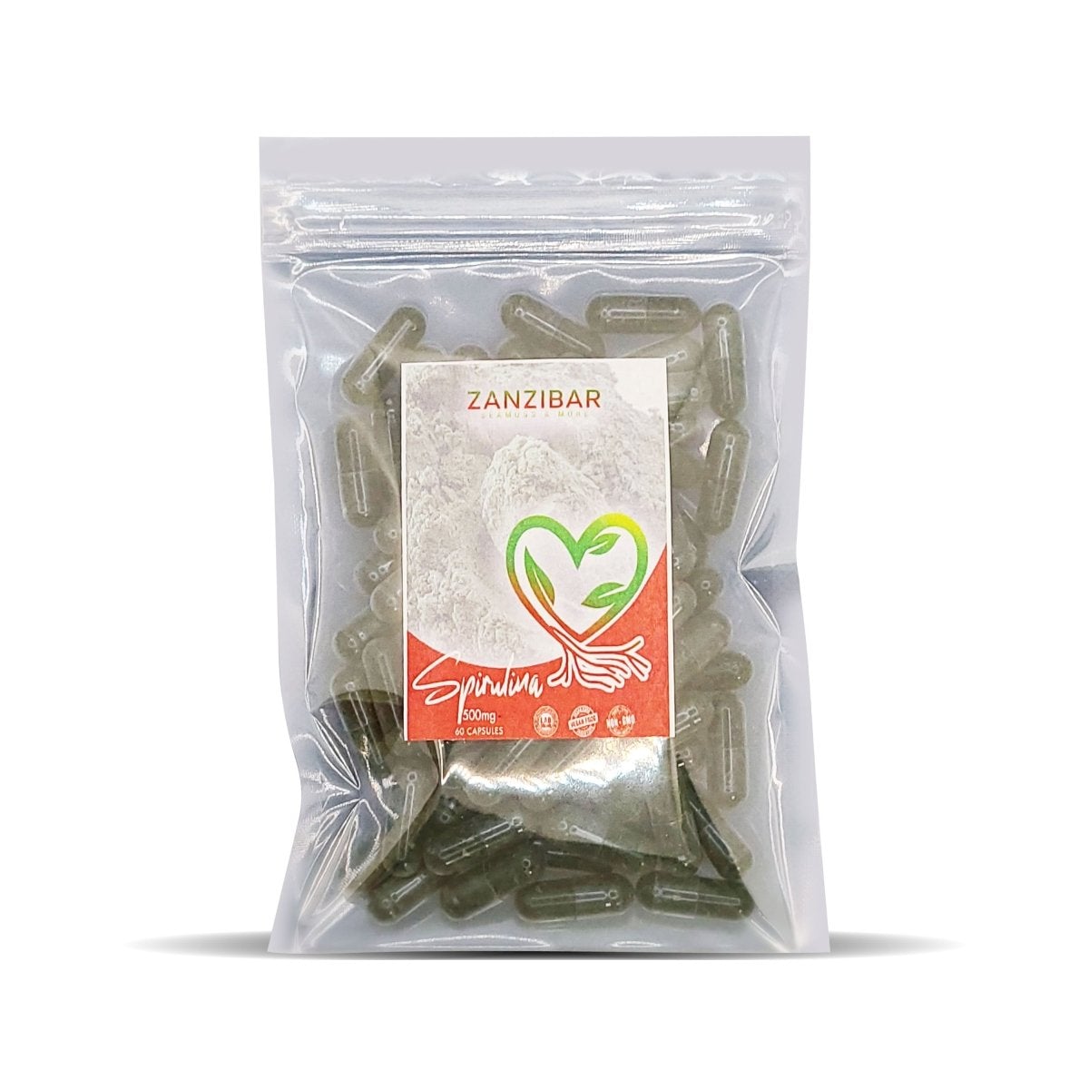 Zanzibar Spirulina Pack containing 60 vegetable capsules, showcasing the vibrant blue-green color of spirulina powder.