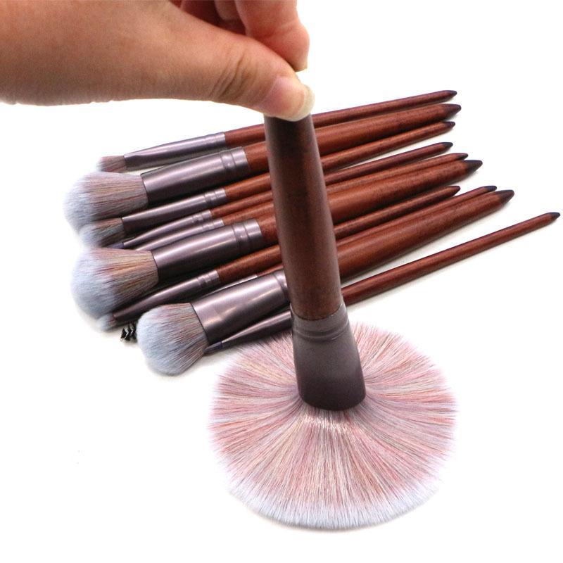 11 Pieces High Quality Makeup Brush Set featuring synthetic hair bristles, matte coffee aluminum ferrules, and natural wood handles.