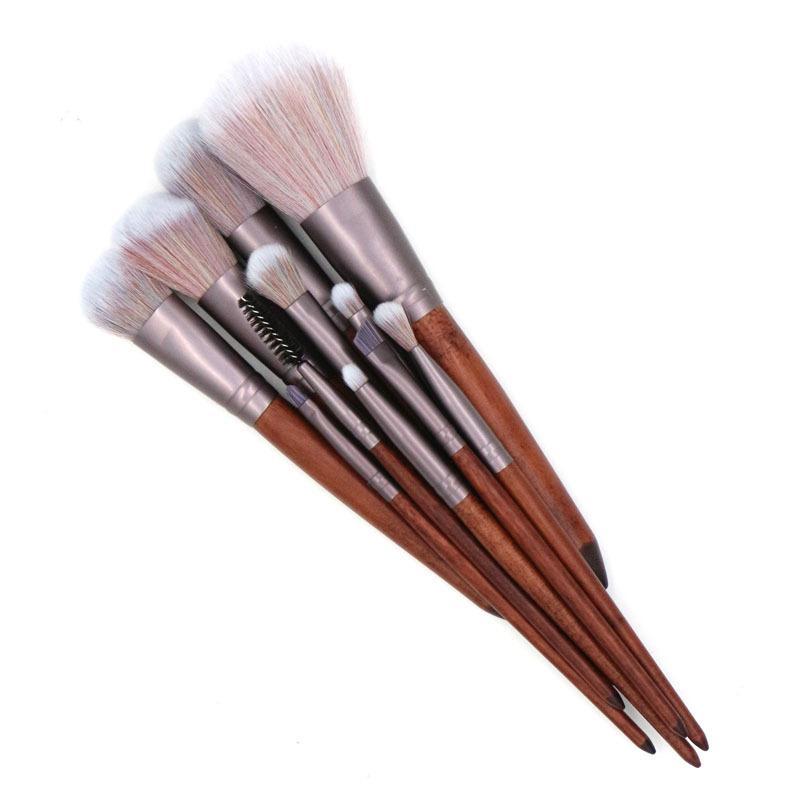 11 Pieces High Quality Makeup Brush Set featuring synthetic hair bristles, matte coffee aluminum ferrules, and natural wood handles.