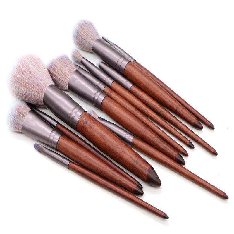 11 Pieces High Quality Makeup Brush Set featuring synthetic hair bristles, matte coffee aluminum ferrules, and natural wood handles.