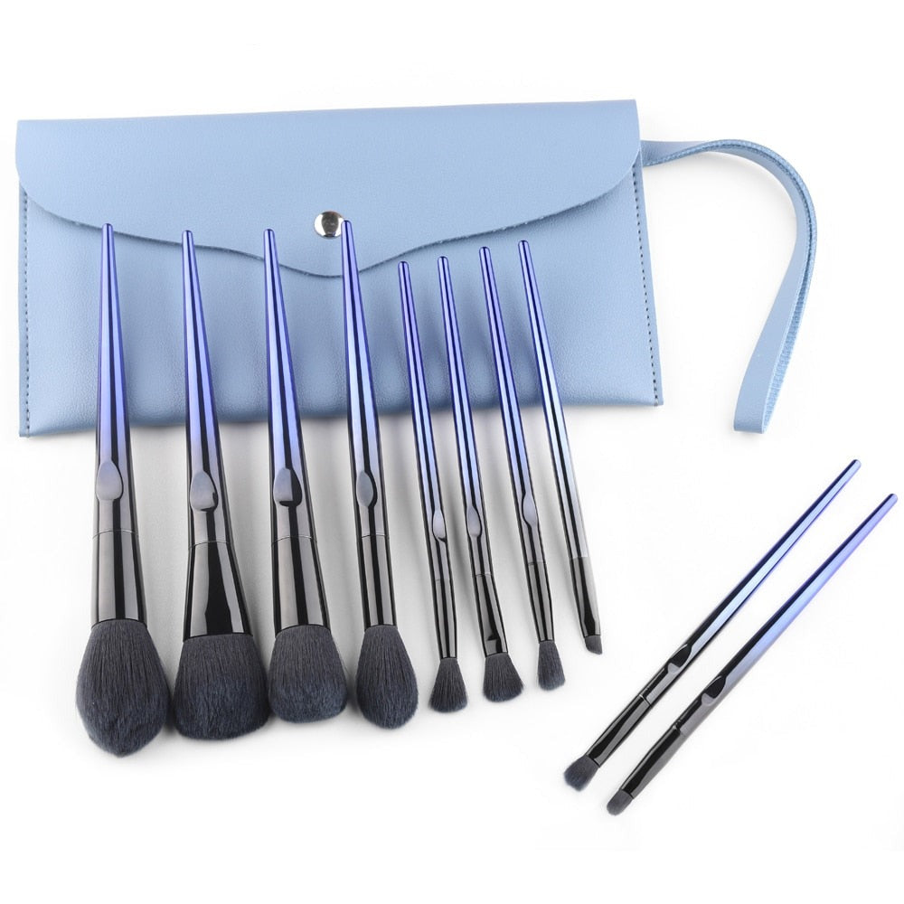 10 Pcs Navy Blue Makeup Brushes Set with Synthetic Hair, featuring wooden handles and aluminum ferrules for a stylish and functional makeup application.