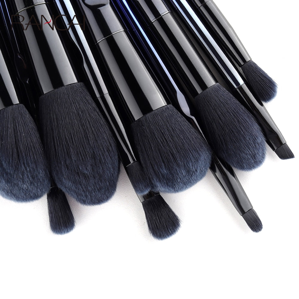 10 Pcs Navy Blue Makeup Brushes Set with Synthetic Hair, featuring wooden handles and aluminum ferrules for a stylish and functional makeup application.