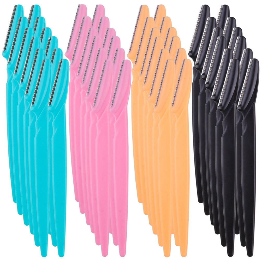 100Pcs Eyebrow Blade Trimmer set in various colors including pink, yellow, blue, and black, showcasing stainless steel blades and ergonomic handles.