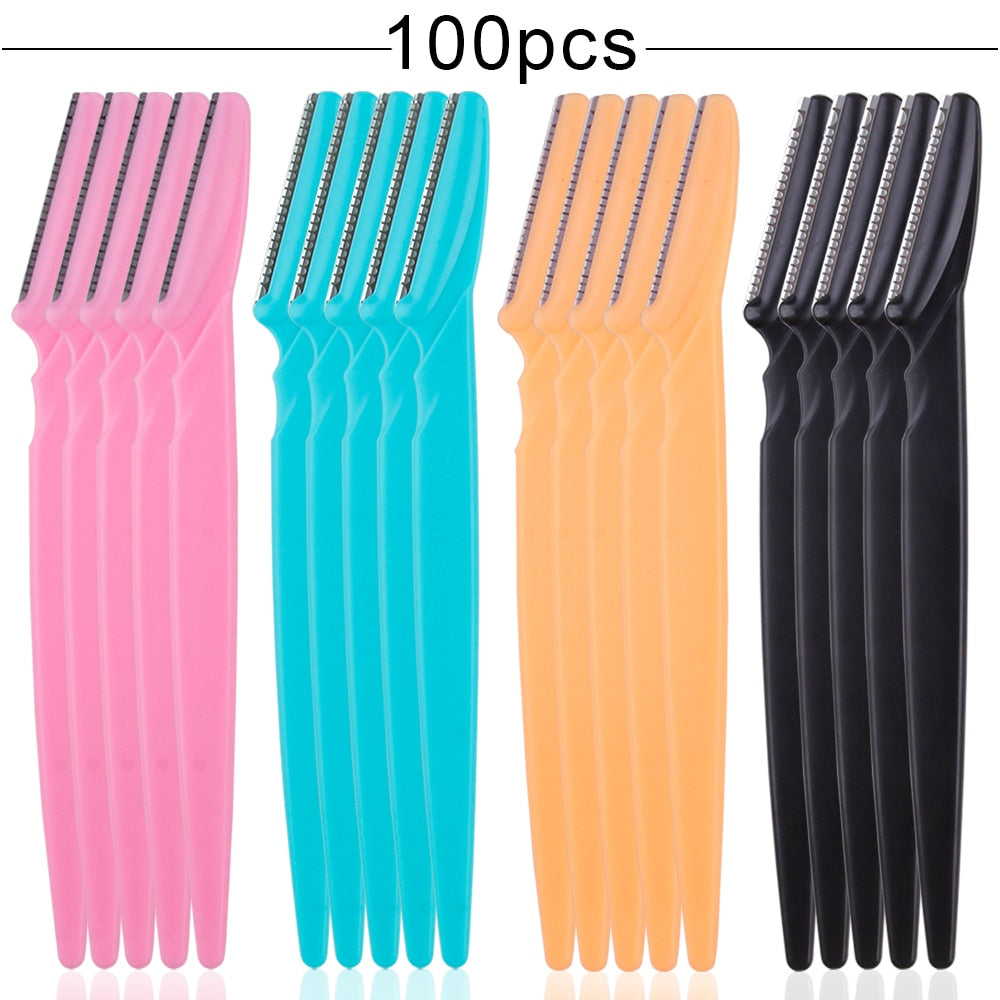 100Pcs Eyebrow Blade Trimmer set in various colors including pink, yellow, blue, and black, showcasing stainless steel blades and ergonomic handles.