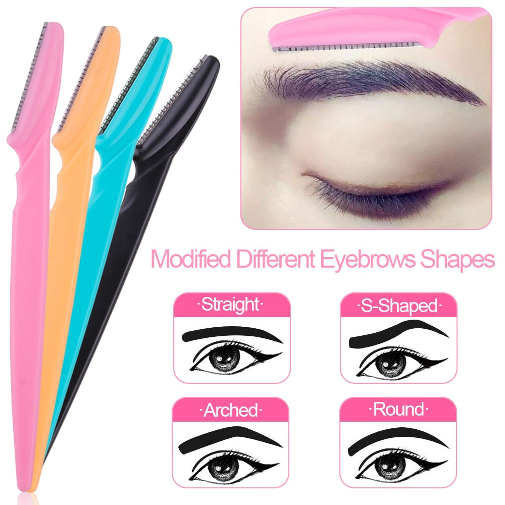 100Pcs Eyebrow Blade Trimmer set in various colors including pink, yellow, blue, and black, showcasing stainless steel blades and ergonomic handles.