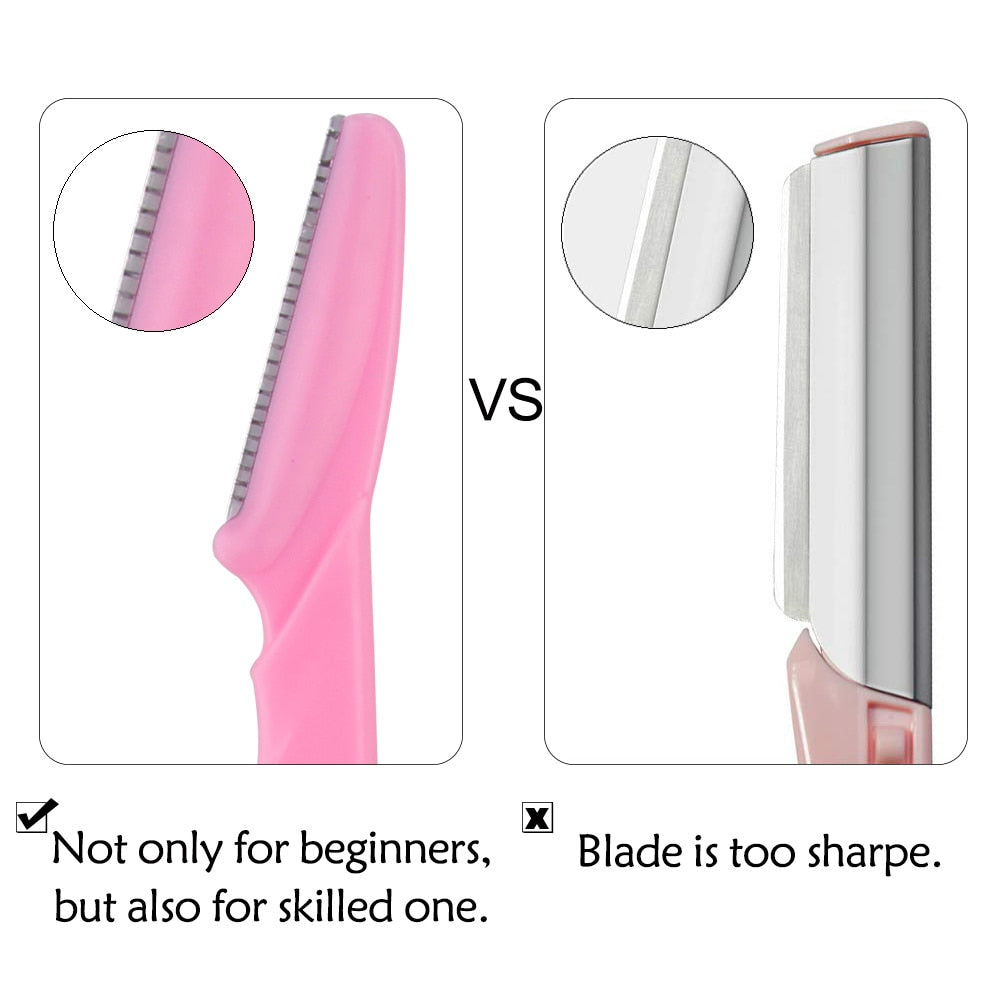 100Pcs Eyebrow Blade Trimmer set in various colors including pink, yellow, blue, and black, showcasing stainless steel blades and ergonomic handles.