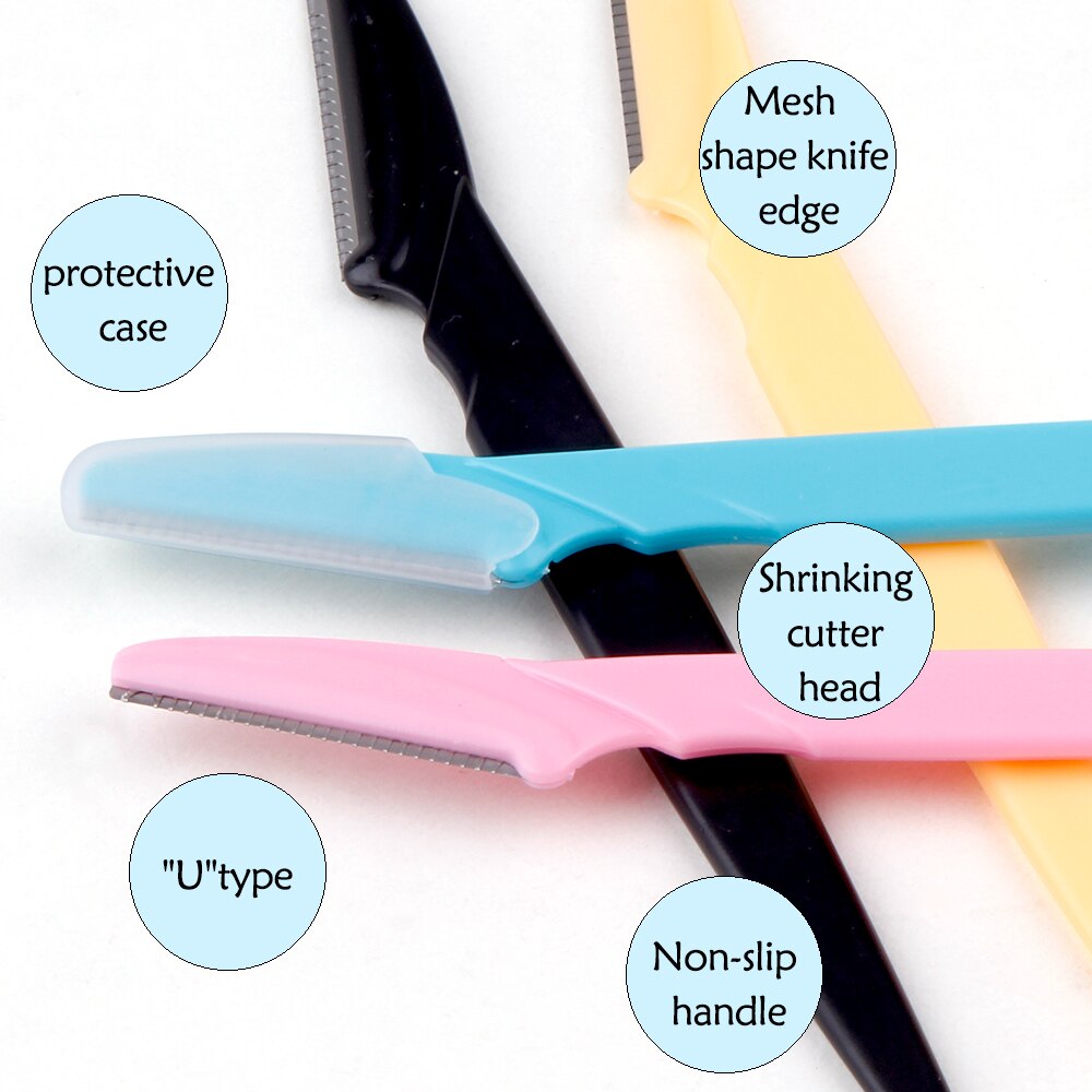 100Pcs Eyebrow Blade Trimmer set in various colors including pink, yellow, blue, and black, showcasing stainless steel blades and ergonomic handles.