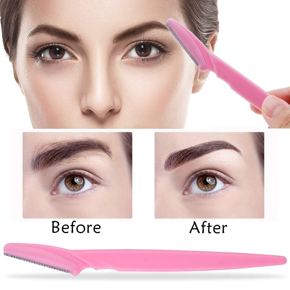 100Pcs Eyebrow Blade Trimmer set in various colors including pink, yellow, blue, and black, showcasing stainless steel blades and ergonomic handles.