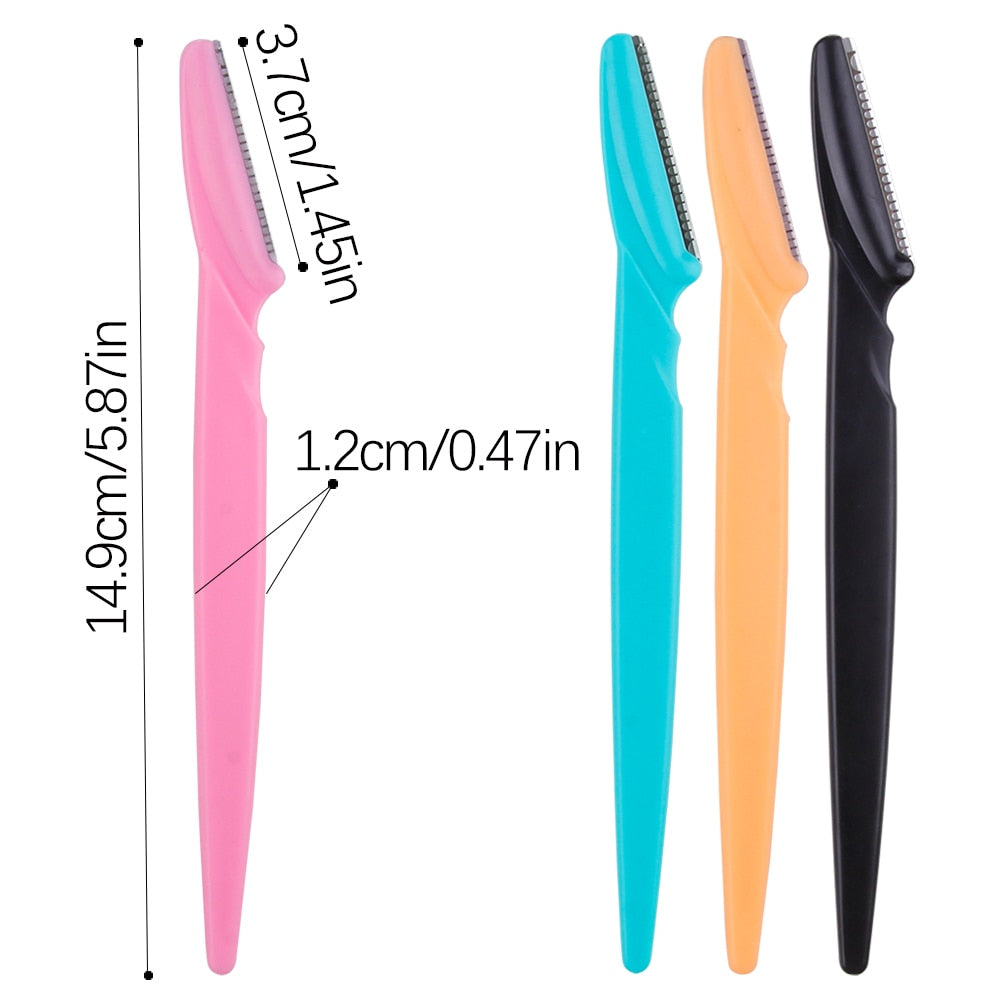 100Pcs Eyebrow Blade Trimmer set in various colors including pink, yellow, blue, and black, showcasing stainless steel blades and ergonomic handles.