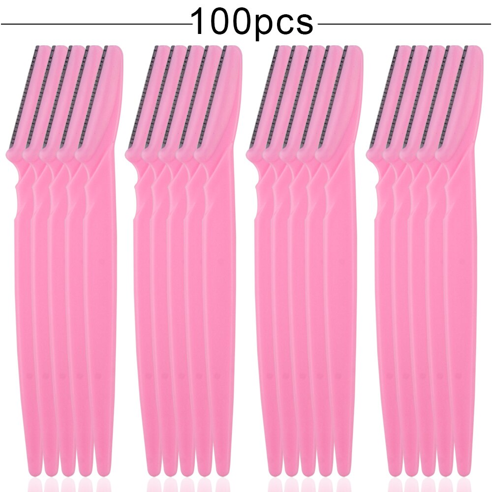 100Pcs Eyebrow Blade Trimmer set in various colors including pink, yellow, blue, and black, showcasing stainless steel blades and ergonomic handles.