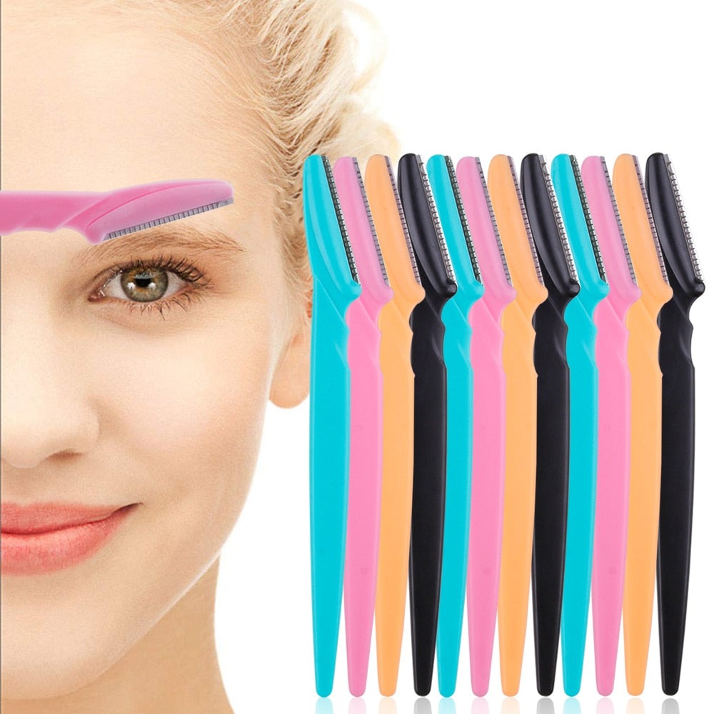 100Pcs Eyebrow Cutting Knife Blades in various colors, showcasing their sleek design and stainless steel blades for precise eyebrow shaping.