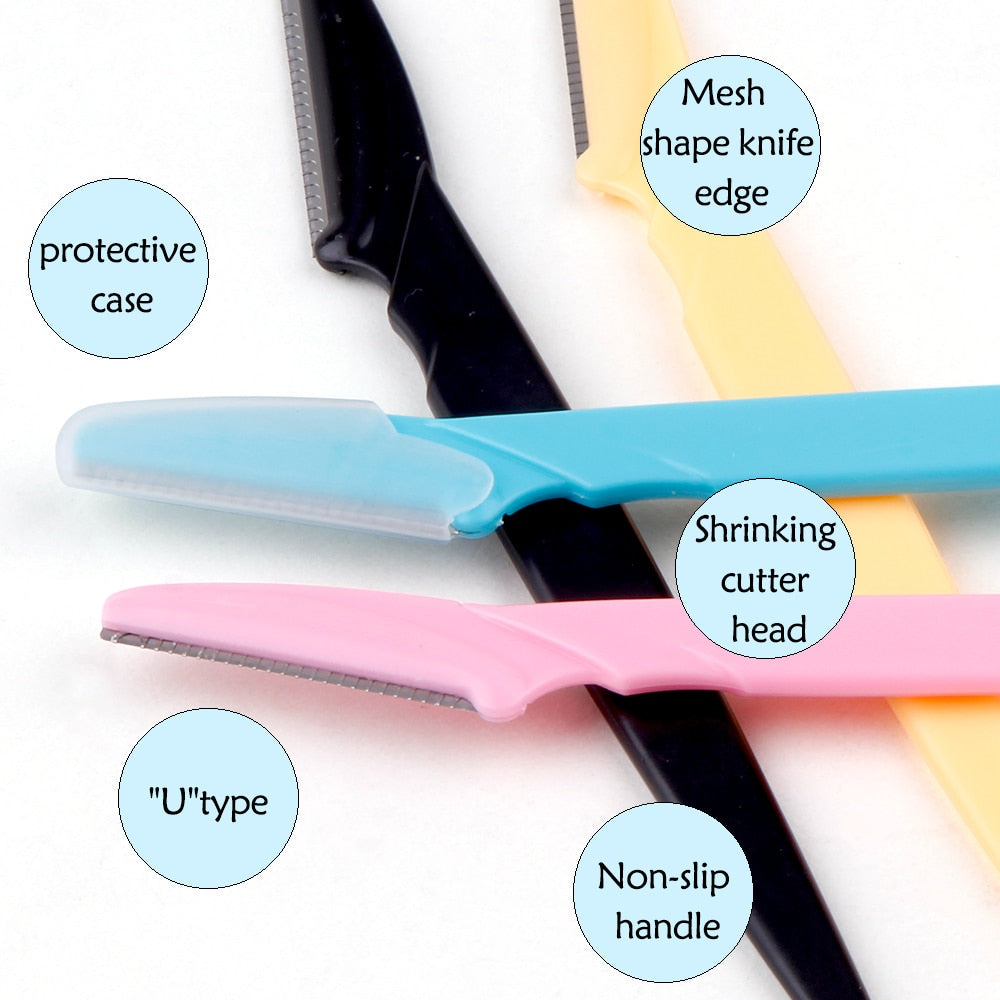 100Pcs Eyebrow Cutting Knife Blades in various colors, showcasing their sleek design and stainless steel blades for precise eyebrow shaping.