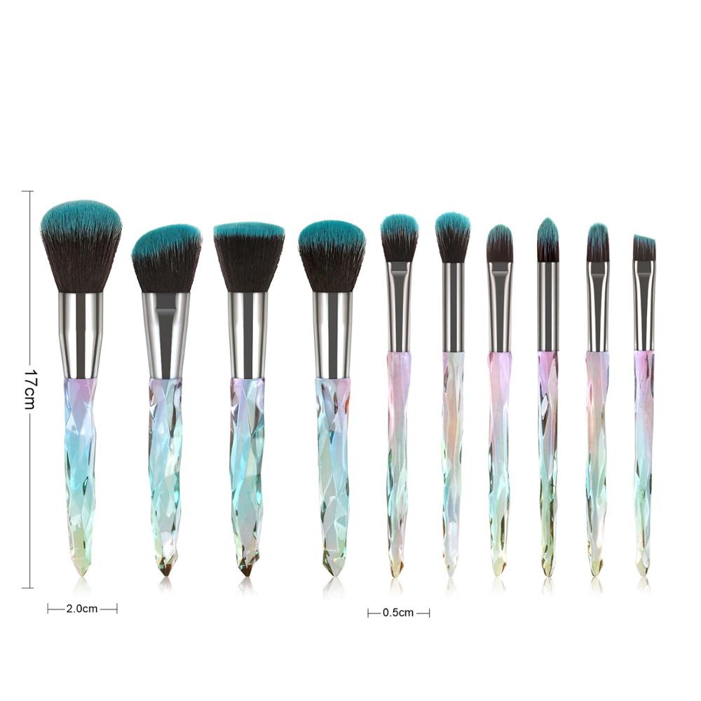 A set of 10 transparent crystal diamond makeup brushes with colorful handles, showcasing their elegant design and high-quality bristles.